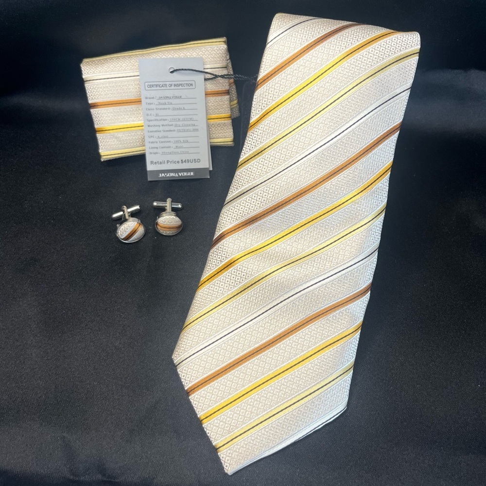 NWT-Silk Striped Tie Set in Cream, Gold, and Brown